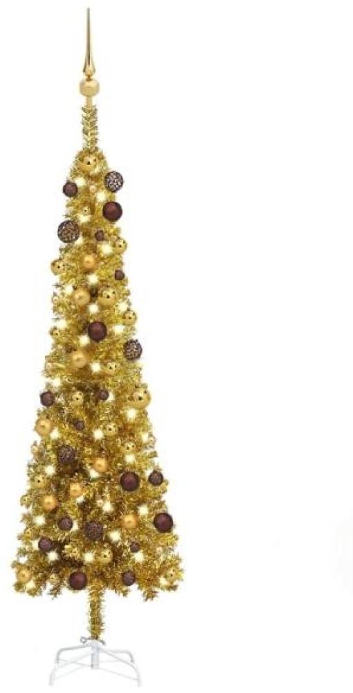 vidaXL Weihnachtsbaum Schlank mit LEDs & Kugeln Golden 150 cm Bild 1