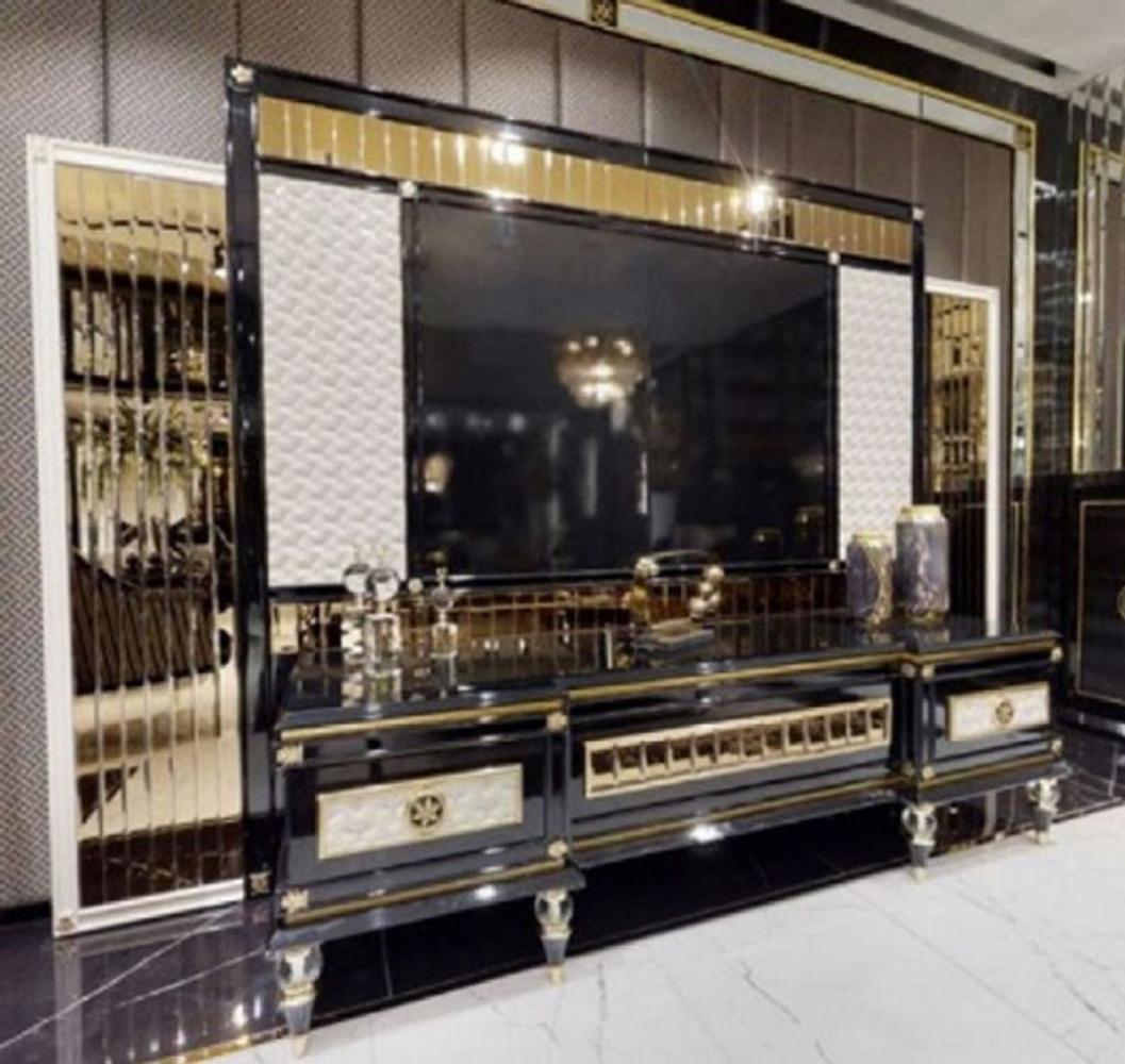 Casa Padrino Luxus Art Deco TV Schrank Rückwand Schwarz / Weiß / Gold - Verspiegelte Massivholz Rückwand - Art Deco Wohnzimmer Möbel - Luxus Wohnzimmer Möbel - Luxus Art Deco Einrichtung Bild 1