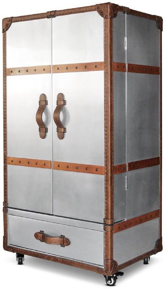 Casa Padrino Luxus Weinschrank Silber / Braun 63 x 52 x H. 130 cm - Aluminium Kofferschrank mit Echtleder - Barschrank im Koffer Design - Luxus Bar Möbel Bild 1