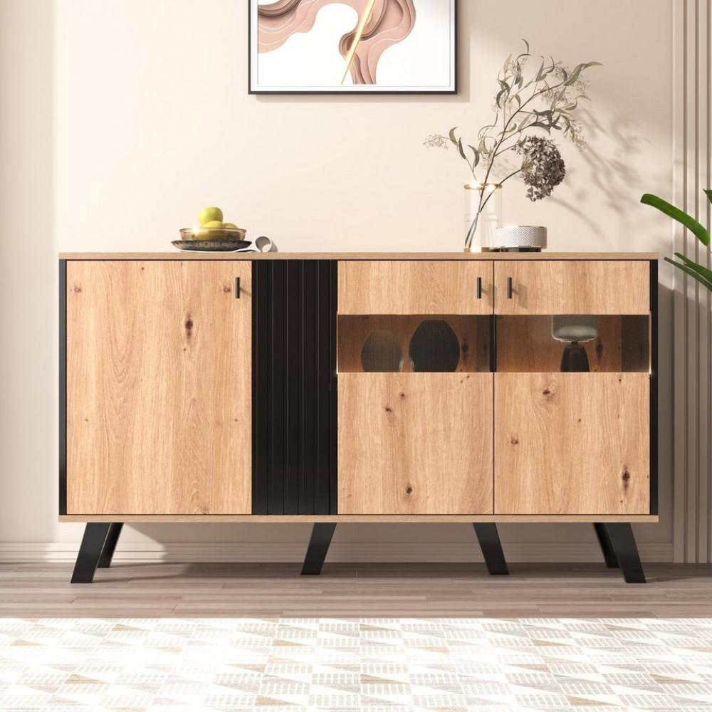 Merax Sideboard inkl. LED-Beleuchtung, B:140cm, mit 3 Türen und 6 Fächer, Anrichte, Buffet, Kommode Landhaus Bild 1