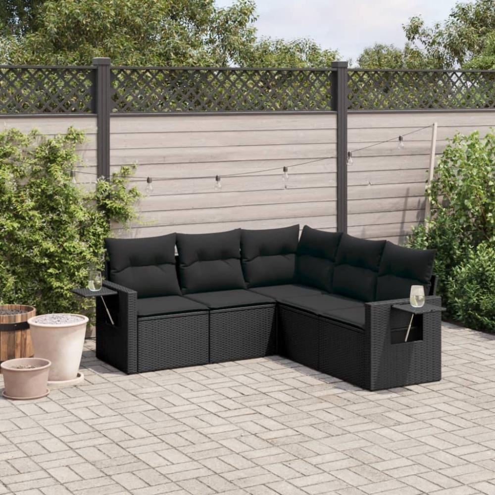 vidaXL 5-tlg. Garten-Sofagarnitur mit Kissen Schwarz Poly Rattan Bild 1