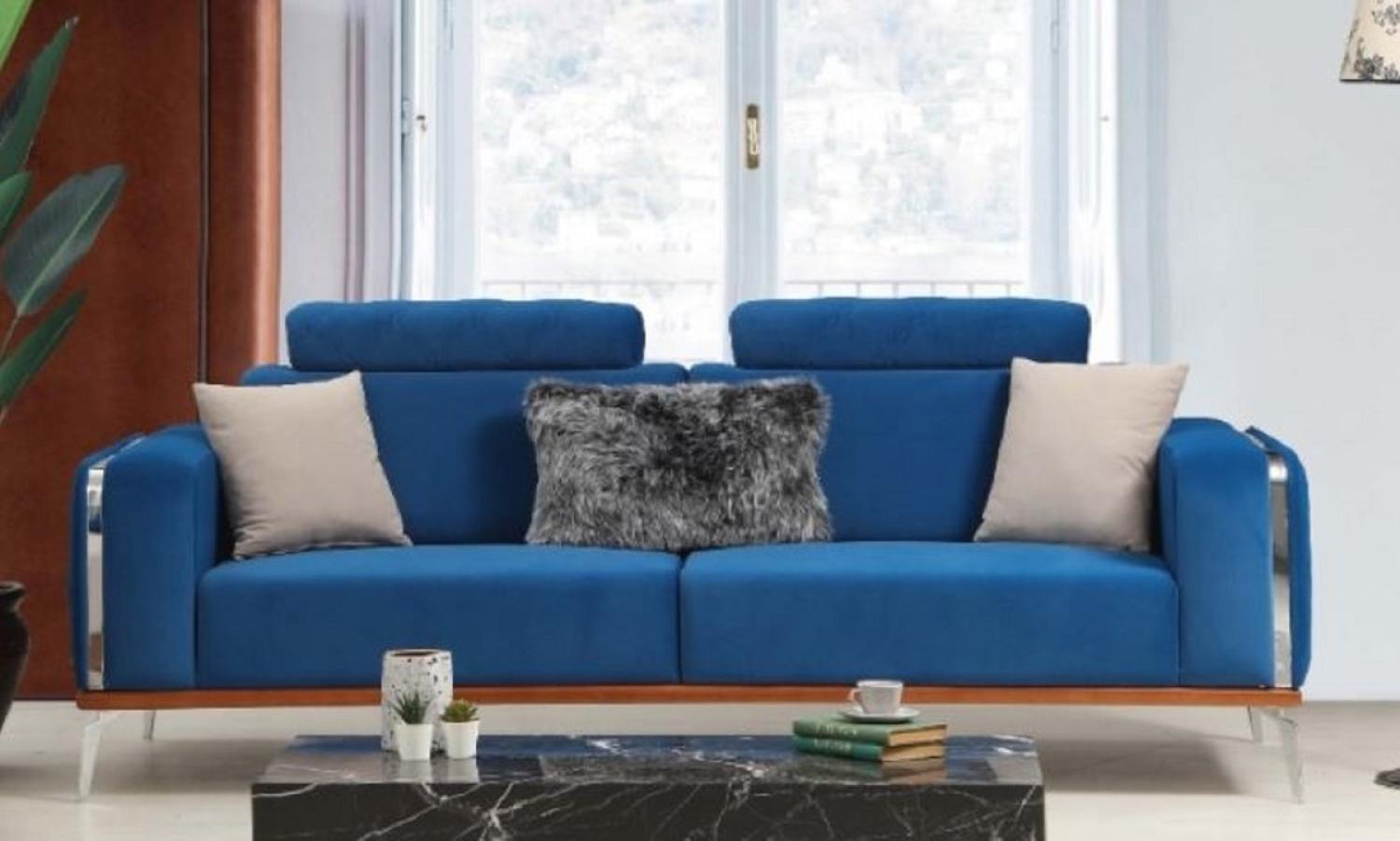 Casa Padrino Luxus Wohnzimmer Sofa mit verstellbarer Rückenlehne Blau / Braun / Silber 225 x 95 x H. 89 cm - Luxus Wohnzimmer Möbel Bild 1