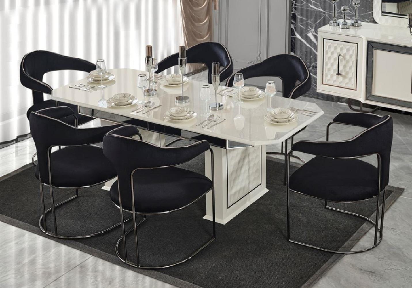 Casa Padrino Luxus Art Deco Esszimmer Set Schwarz / Weiß / Bronze - 1 Ausziehbarer Esstisch & 6 Esszimmerstühle mit Armlehnen - Esszimmer Möbel - Art Deco Möbel - Luxus Möbel Bild 1