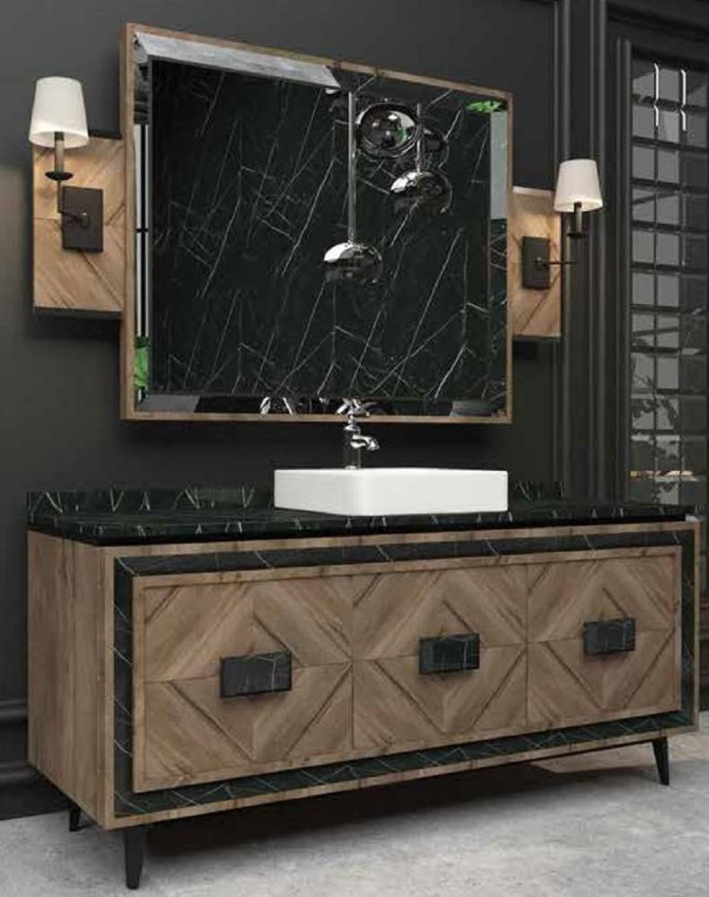 Casa Padrino Luxus Badezimmer Set Braun / Schwarz / Weiß - 1 Waschtisch mit 3 Türen und 1 Waschbecken und 1 Wandspiegel - Luxus Badezimmermöbel Bild 1