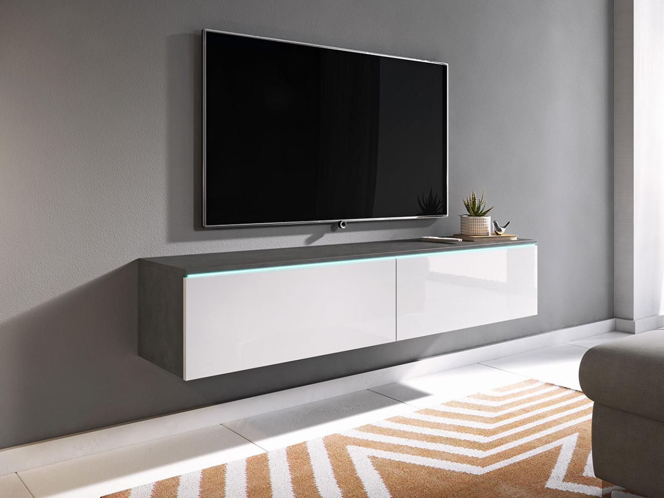 TV-Lowboard Stone 140, mit weißer LED Beleuchtung, Farbe: Matera / Weiß Hochglanz Bild 1