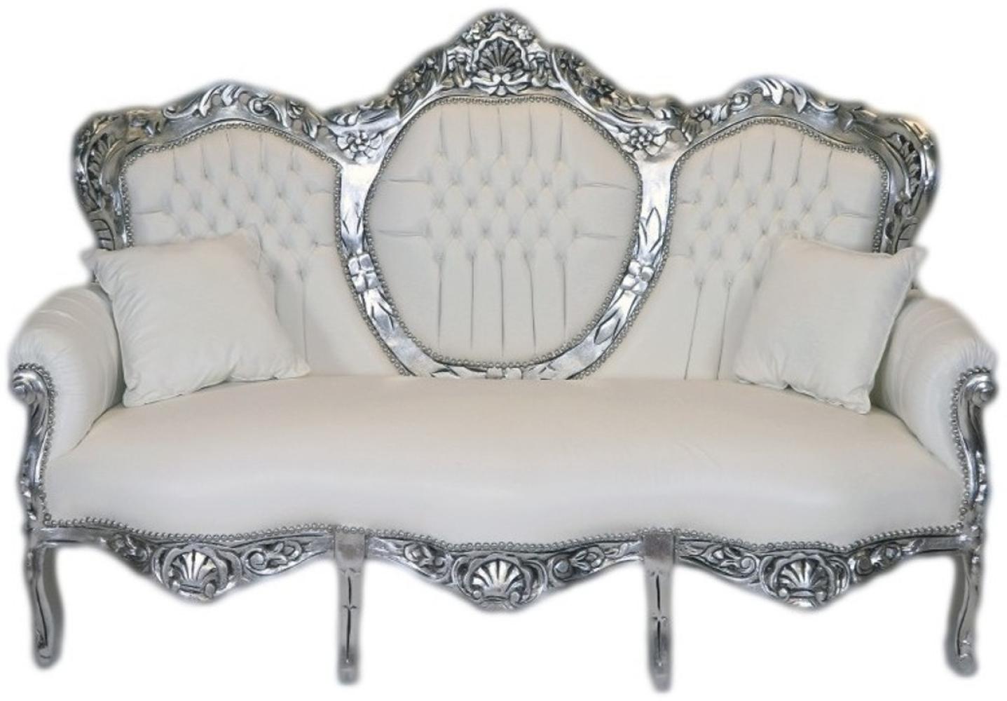 Casa Padrino Barock 3er Sofa King Weiß Lederoptik / Silber - Wohnzimmer Couch Möbel Lounge Bild 1