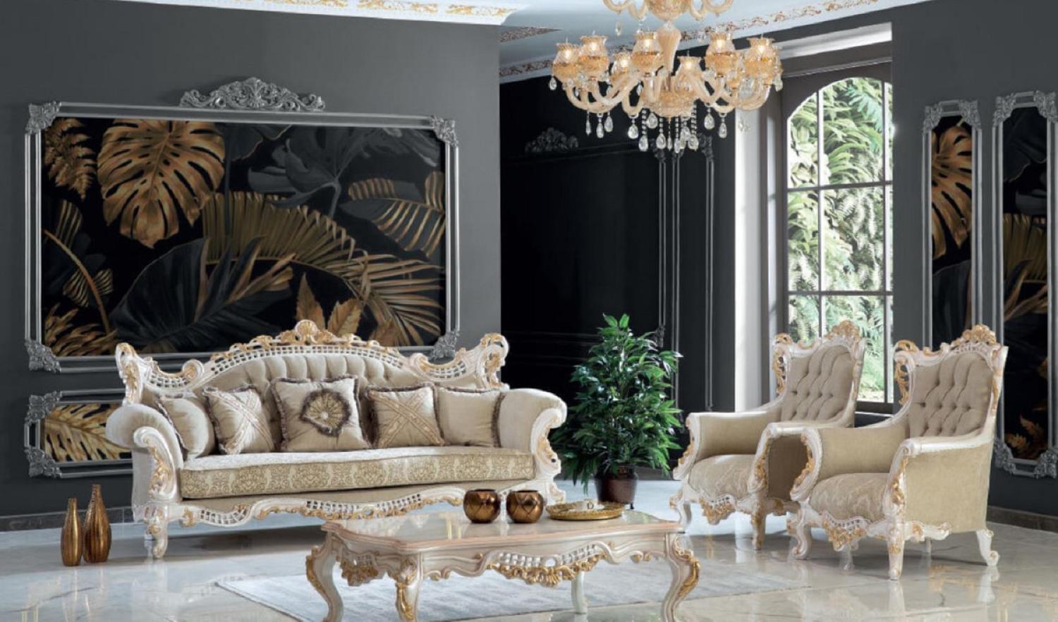 Casa Padrino Luxus Barock Wohnzimmer Set Greige / Weiß / Gold - 2 Sofas & 2 Sessel & 1 Couchtisch - Handgefertigte Wohnzimmer Möbel im Barockstil - Edel & Prunkvoll Bild 1