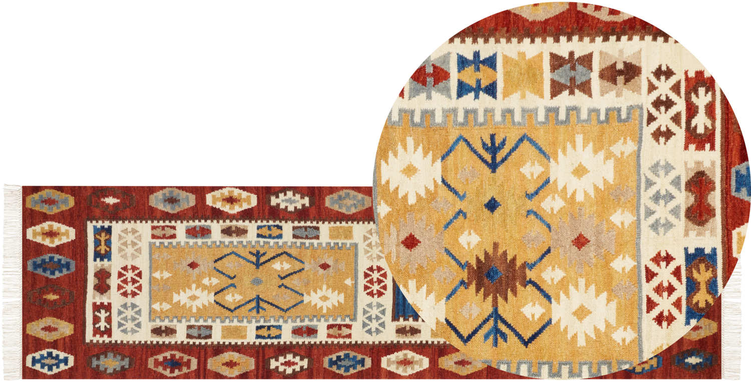 Kelim Teppich Wolle mehrfarbig 80 x 300 cm orientalisches Muster Kurzflor VOSKEHAT Bild 1