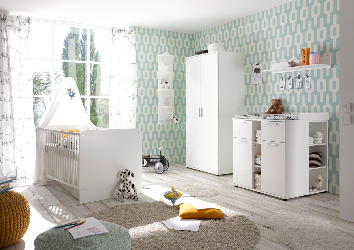 Bega 'Bibo' 4-tlg. Babyzimmer-Set, weiß, aus Bett 70x140 cm, Wickelkommode inkl. 2 Unterstellregalen, 2-trg. Kleiderschrank und Standregal Bild 1
