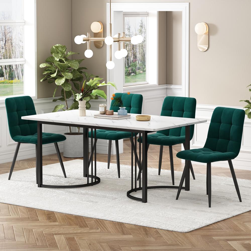 Merax Essgruppe (5-tlg), Esstisch mit 4 Stühlen Set, Moderner Küchentisch Set , 140×80cm Küchentisch mit Schwarz Metallbeinen, MDF Tischplatte in Weißer, Dunkelgrün Samt Esszimmerstühle Bild 1