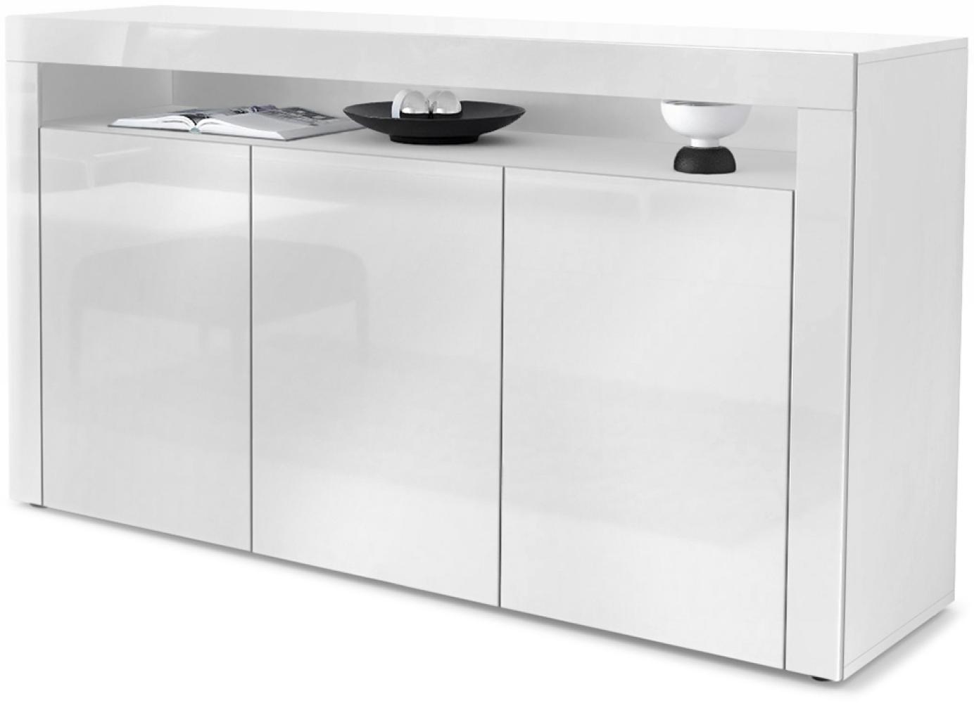 Vladon Sideboard Valencia, Kommode mit 3 Türen und 1 offenem Fach, Weiß matt/Weiß Hochglanz/Weiß Hochglanz (155 x 92 x 40 cm) Bild 1