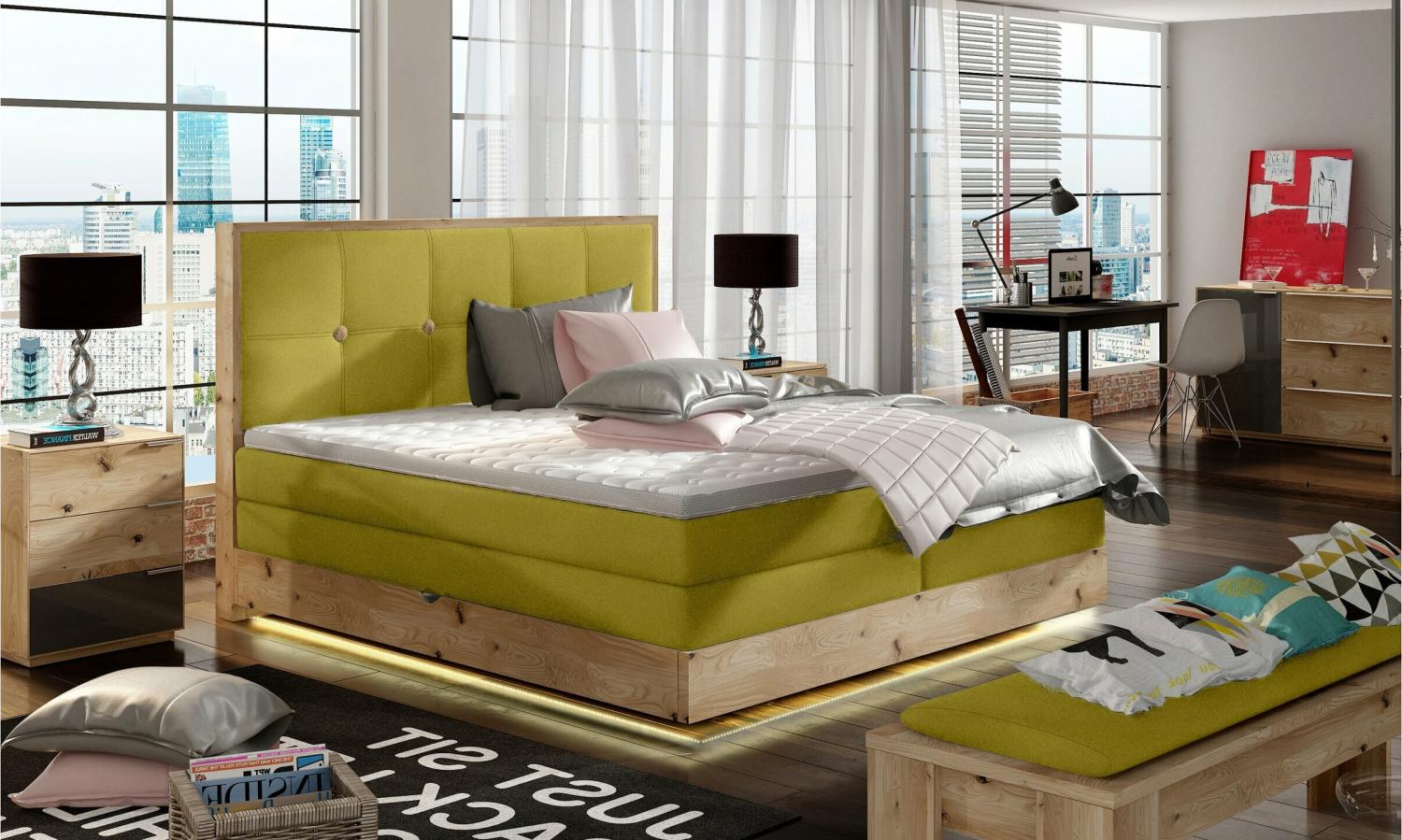 Stylefy Etna LED Boxspringbett Strukturstoff 160x200 cm Gelb Bild 1