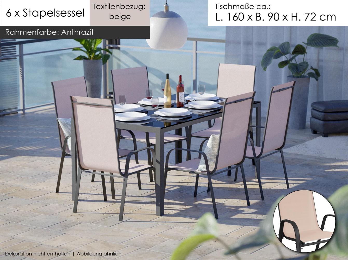 Gartenmöbel Set Metall Tisch 6 Stapelsessel Essgruppe Gartenset Sitzgruppe Stuhl beige Bild 1