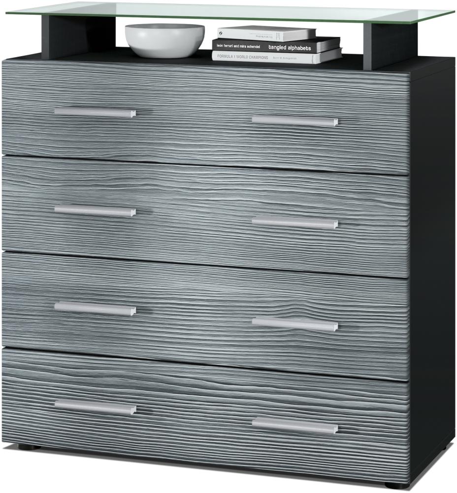 Vladon Sideboard Pavos V2, Kommode mit 4 Schubladen und Glasablage, Schwarz matt/Avola-Anthrazit (76 x 81 x 35 cm) Bild 1