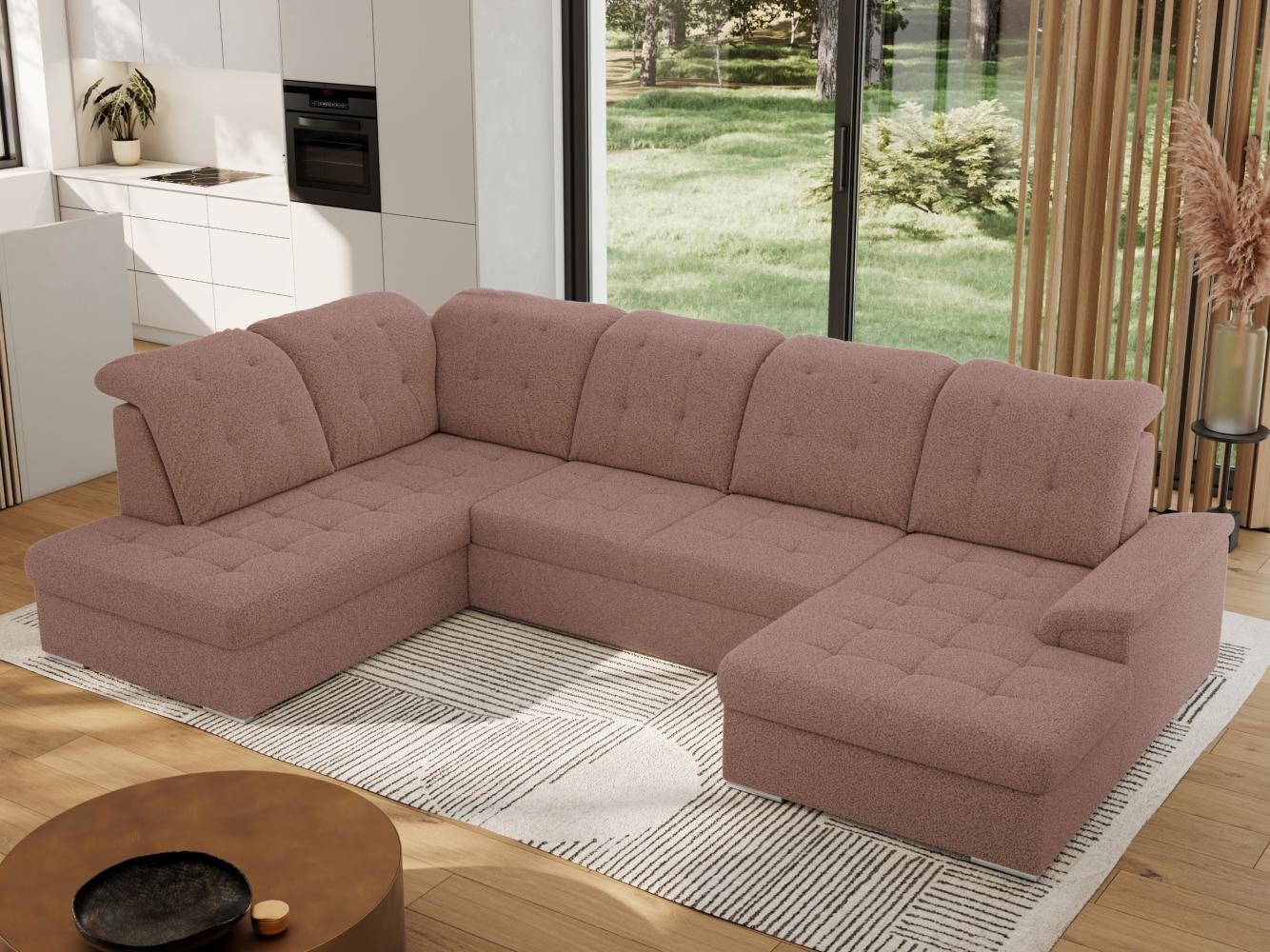 Ecksofa, Wohnzimmer U Couch, Polstersofa mit Bettkasten - MADRITO U - Rosa Boucle - Links Bild 1