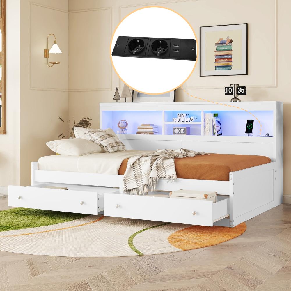 Merax Kinderbett LED Daybett Einzelbett 90x200cm mit Ladefunktion und 2 Schubladen, Weiß Bild 1