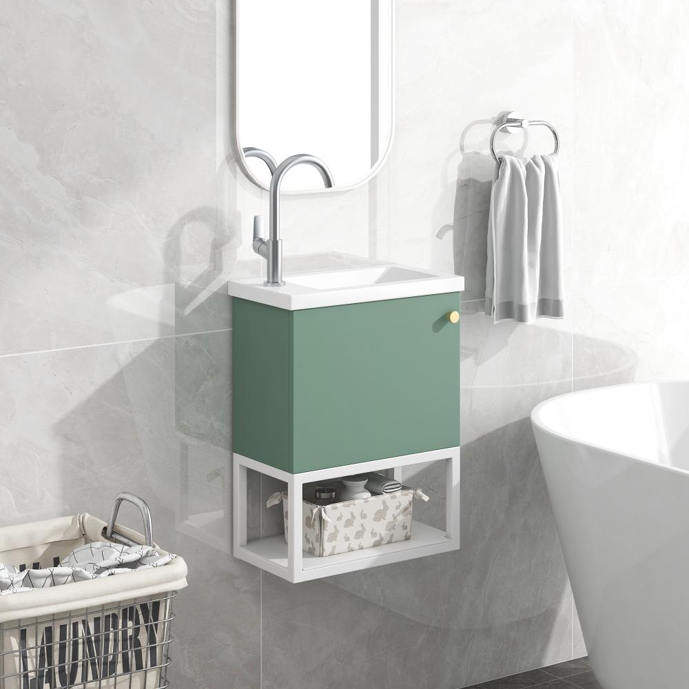 Merax Badmöbel Waschbecken mit Unterschrank, Einsatz-Waschbecken ,Hängend, Kleines Gäste WC Möbel, grün Bild 1