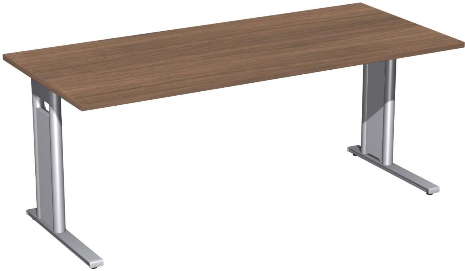 Schreibtisch 'C Fuß Pro', feste Höhe 180x80cm, Nussbaum / Silber Bild 1