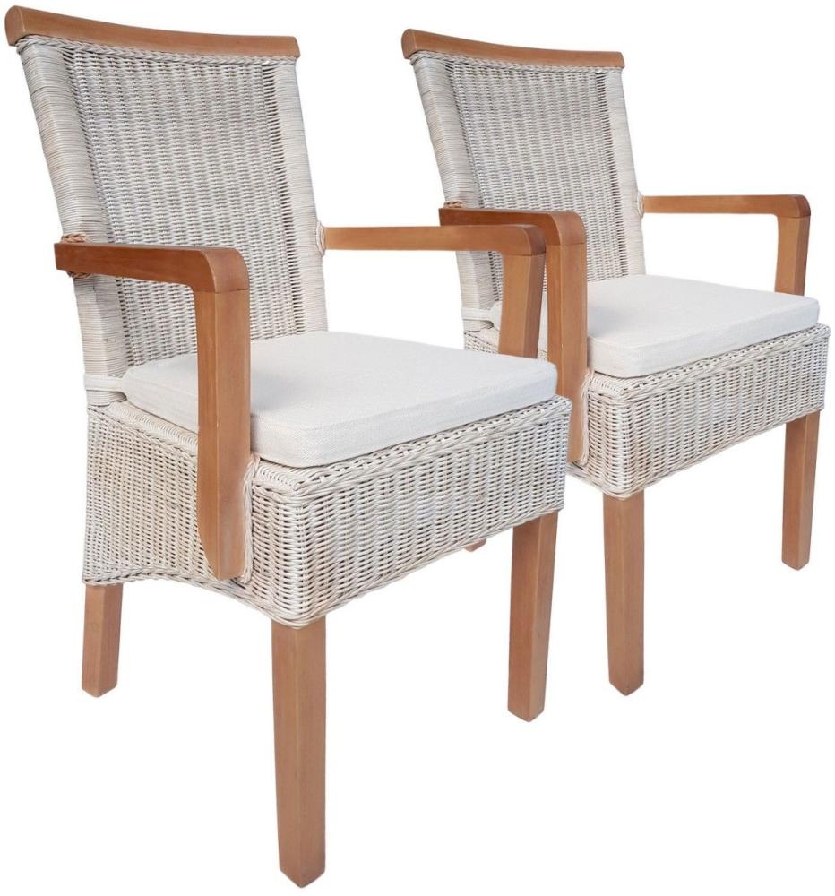 Esszimmer Stühle Set 2 Stück mit Armlehnen Rattanstühle weiß Perth Rattan Korbstühle nachhaltig mit Sitzkissen Leinen weiß Bild 1
