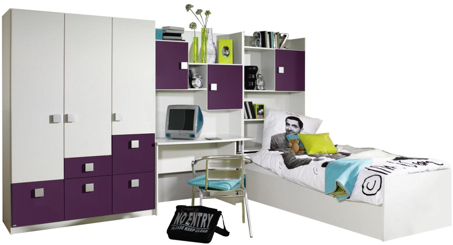 Jugendzimmer Pascal 4-tlg Kleiderschrank Schreibtischregal + Regal + Bettkasten weiß - brombeer Bild 1