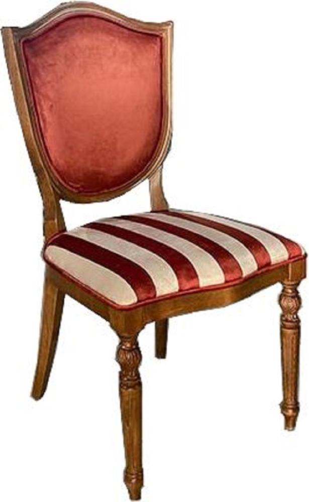 Casa Padrino Luxus Art Deco Esszimmer Stuhl Bordeauxrot / Weiß / Braun - Eleganter Massivholz Stuhl mit Streifen - Esszimmer Möbel - Art Deco Möbel Bild 1