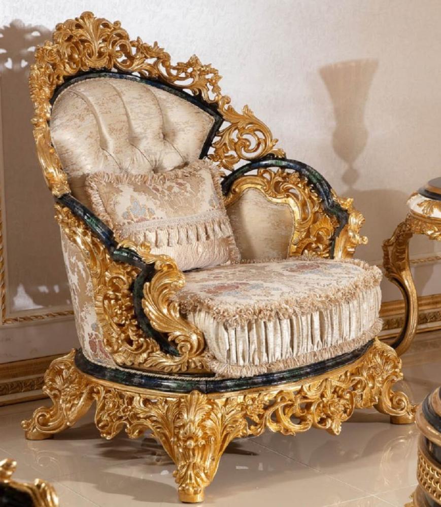 Casa Padrino Luxus Barock Sessel Gold / Mehrfarbig / Blau / Gold - Prunkvoller Wohnzimmer Sessel mit elegantem Muster - Barock Wohnzimmer Möbel - Edel & Prunkvoll Bild 1