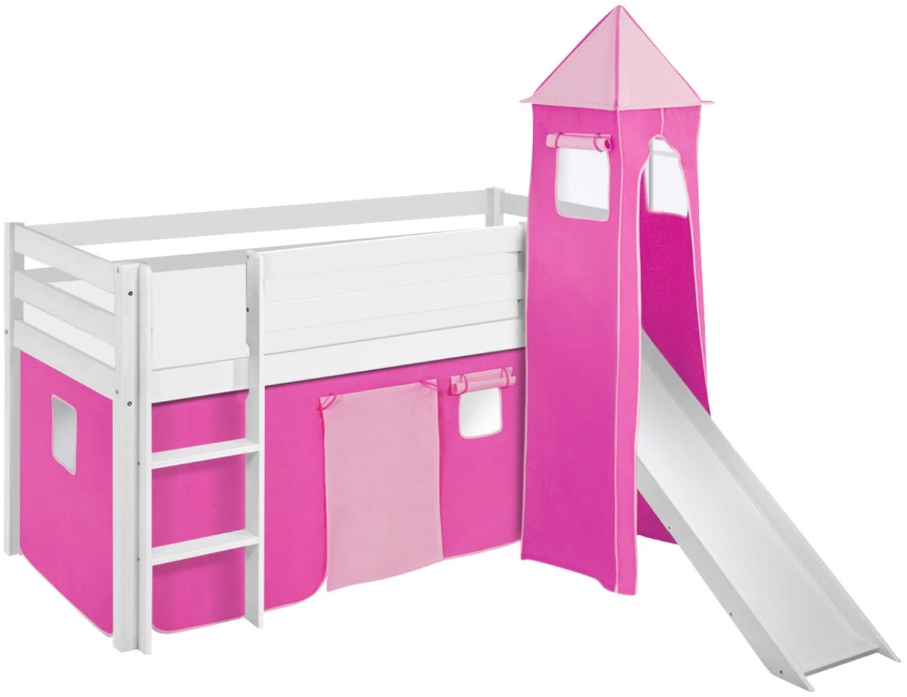 Lilokids 'Jelle' Spielbett 90 x 200 cm, Rosa, Kiefer massiv, mit Turm, Rutsche und Vorhang Bild 1