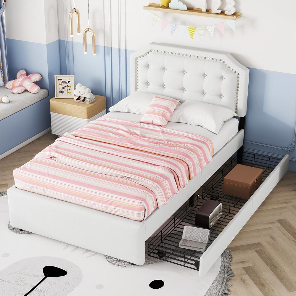 Merax 90*200 cm Polsterbett, gepolstertes Bett, Nachttischpolsterung mit dekorativen Nieten, doppelte Schubladen, Hellbeige Bild 1