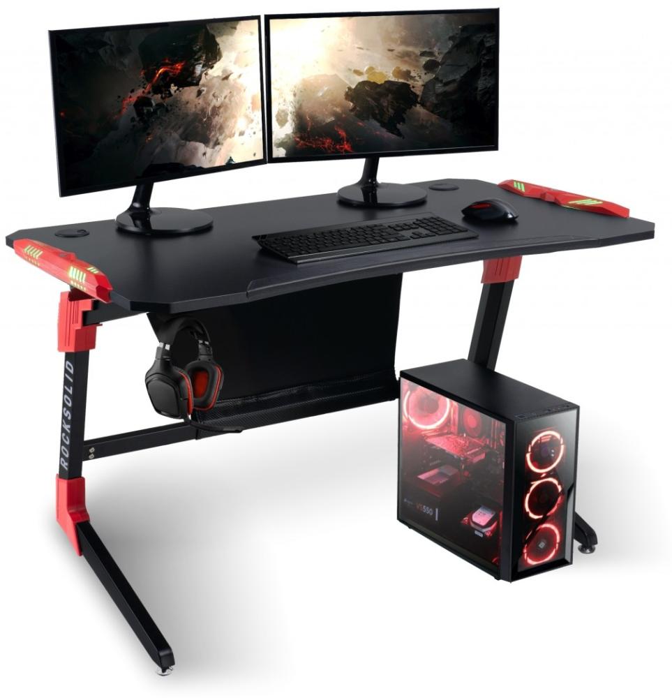 ELITE Gaming-Tisch Rocksolid Gamer-Schreibtisch Computertisch Carbon-Optik + LED (schwarz/rot) Bild 1