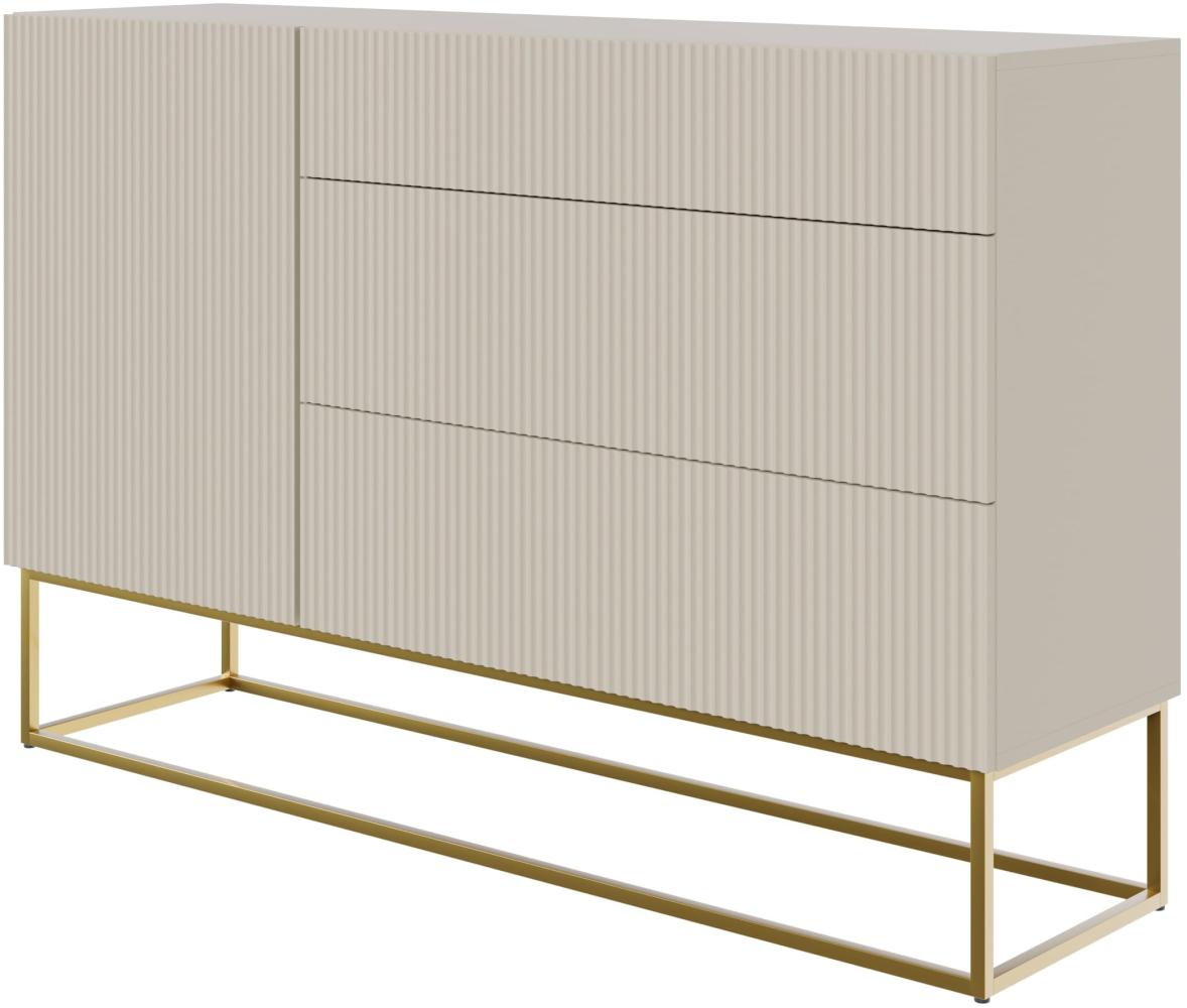 Selsey Veldio - Sideboard Kommode mit 3 Schubladen, Graubeige Taupe mit goldenem Metallgestell, 140 cm breit Bild 1