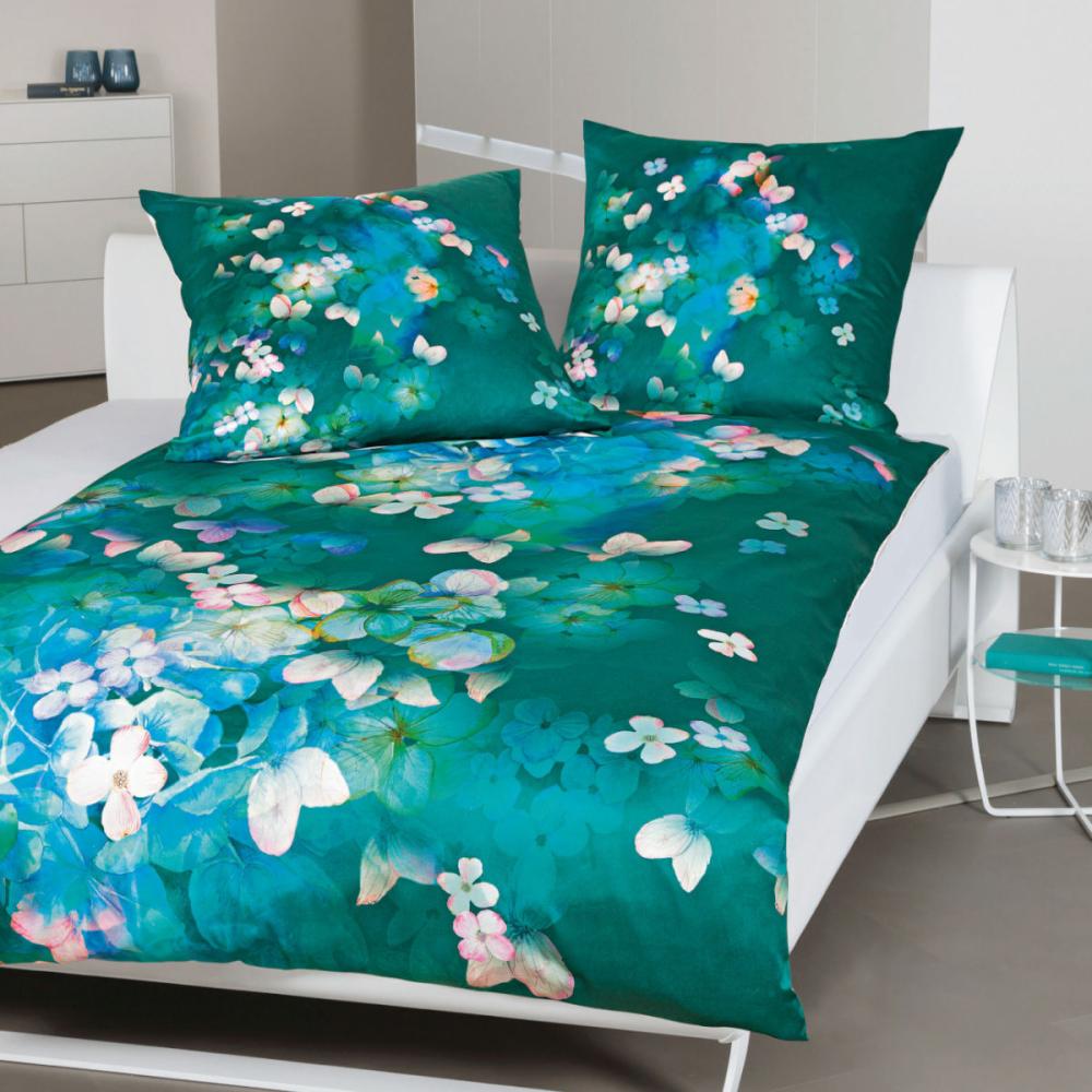 Janine Modern Art Mako-Satin Bettwäsche 155x220 Blüten eisblau grün 42100-06 Bild 1