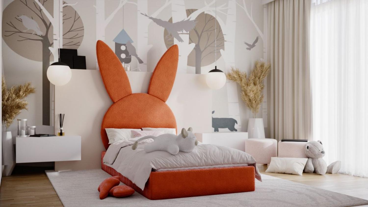 Kinderbett Polsterbett Bett HÄSCHEN 90x200cm Stoff Bukla Orange ohne Matratze Bild 1