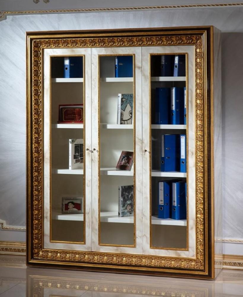 Casa Padrino Luxus Barock Bücherschrank Weiß / Dunkelbraun / Gold - Prunkvoller Massivholz Schrank mit 3 Glastüren - Handgefertigte Barock Büro Möbel - Edel & Prunkvoll Bild 1