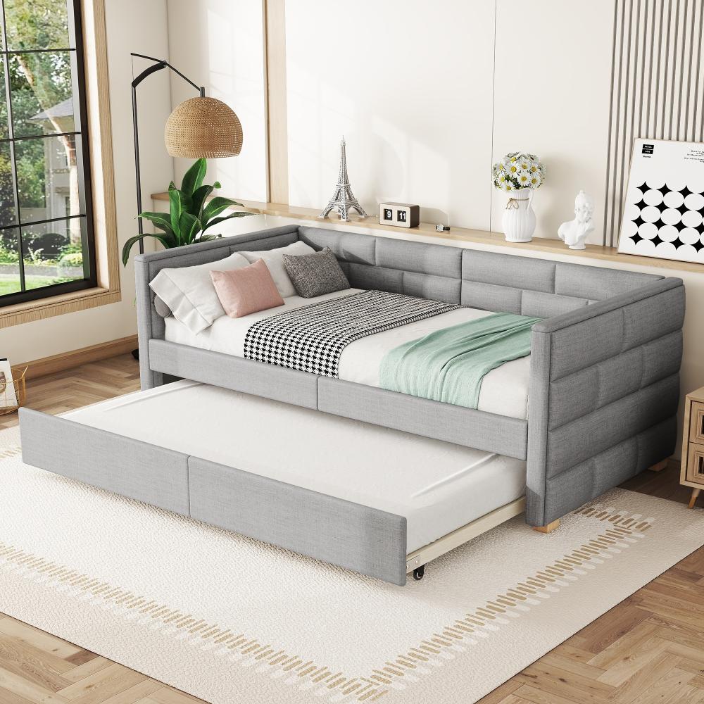 Merax 90*200cm Schlafsofa mit ausziehbarem Bett, minimalistisches Styling, grau Bild 1