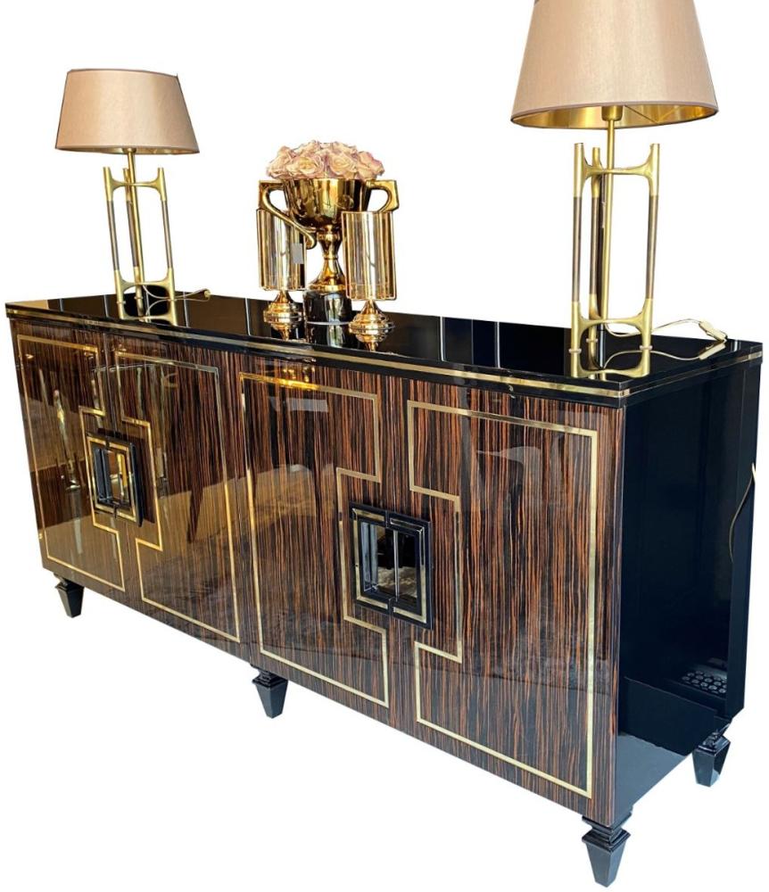 Casa Padrino Luxus Art Deco Sideboard Dunkelbraun / Schwarz / Gold 220 x 55 x H. 104 cm - Edler Schrank mit 4 Türen und Glasplatte - Art Deco Wohnzimmer Möbel Bild 1
