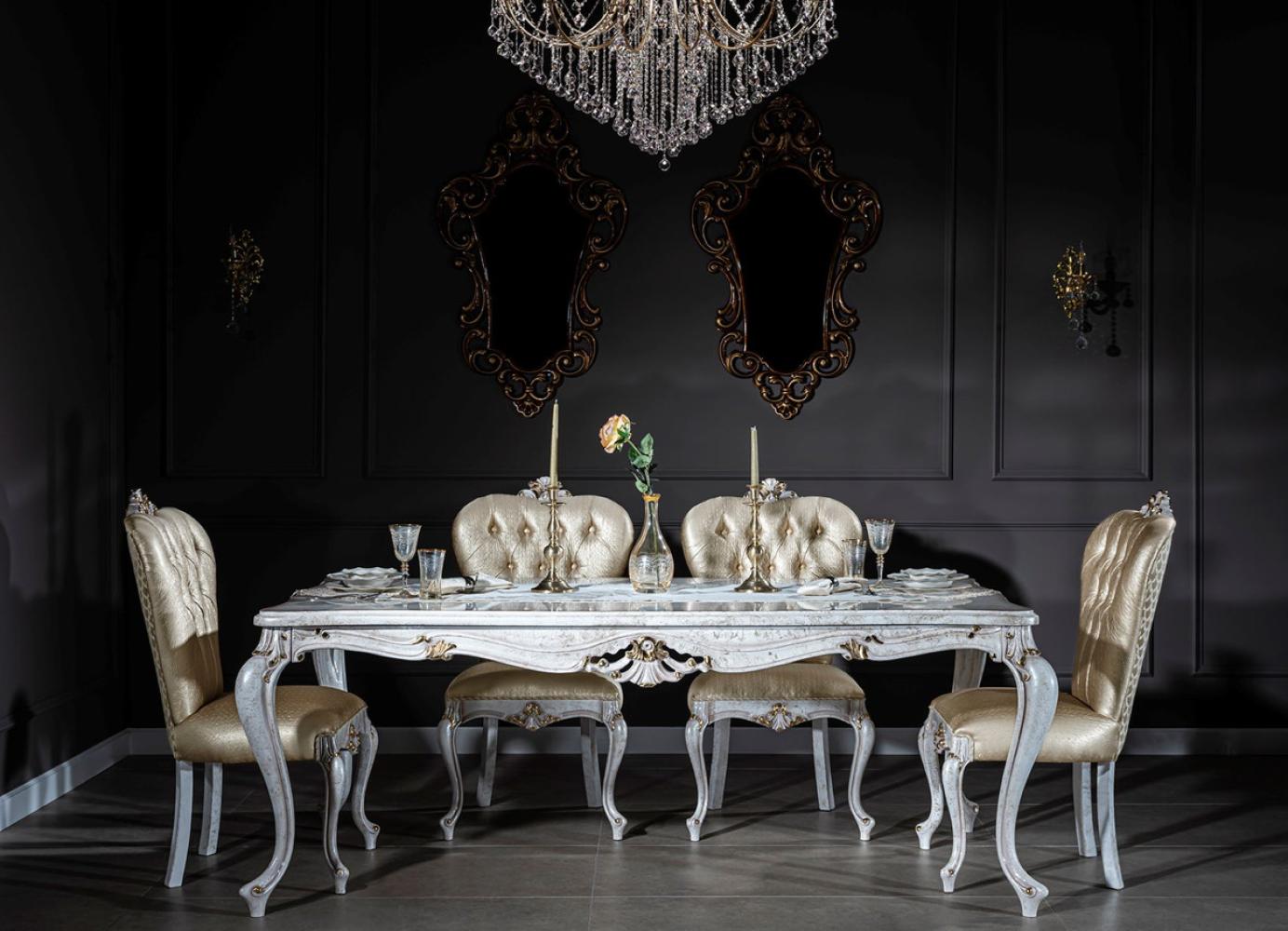 Casa Padrino Luxus Barock Esszimmer Set Gold / Antik Weiß - 1 Esstisch & 6 Esszimmerstühle - Esszimmermöbel im Barockstil - Edel & Prunkvoll Bild 1