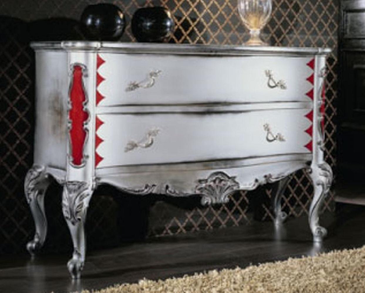Casa Padrino Luxus Barock Kommode Antik Weiß / Silber / Rot - Handgefertigte Massivholz Kommode mit 2 Schubladen - Barockstil Schlafzimmer Möbel - Barock Möbel - Luxus Qualität - Made in Italy Bild 1