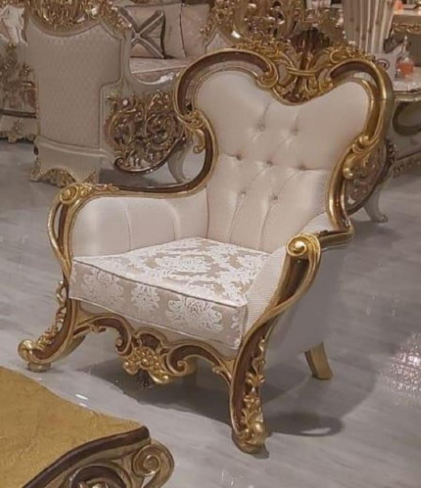 Casa Padrino Luxus Barock Wohnzimmer Sessel Cremefarben / Braun / Gold - Prunkvoller Sessel mit Muster - Handgefertigte Barock Wohnzimmer Möbel Bild 1