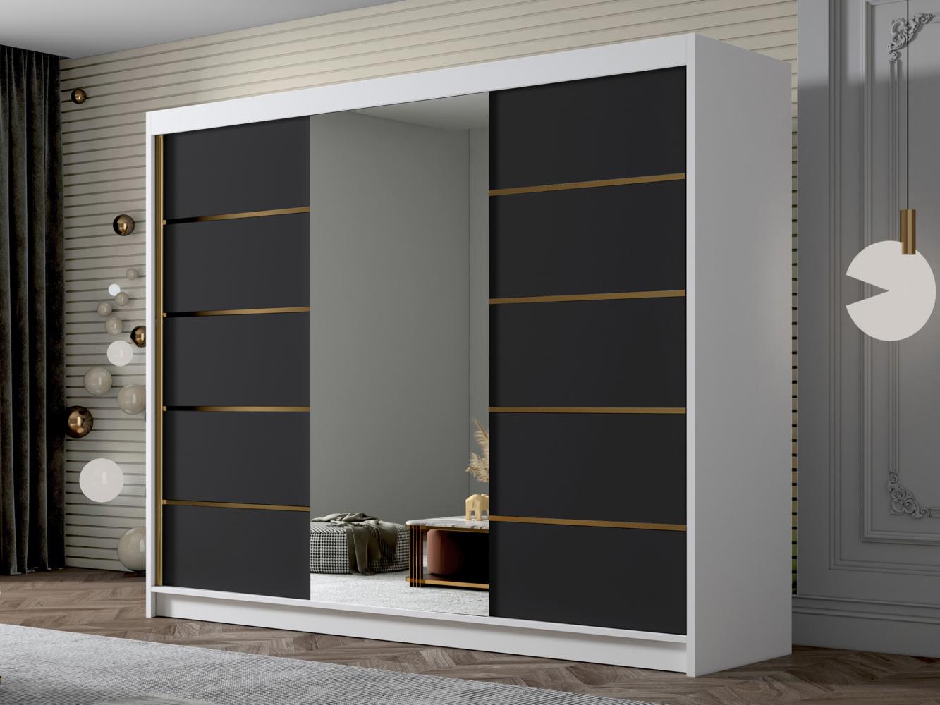 Kleiderschrank mit Goldverzierung Aramao VI mit drei Schwebetüren, Spiegel (Farbe: Weiß / Schwarz) Bild 1
