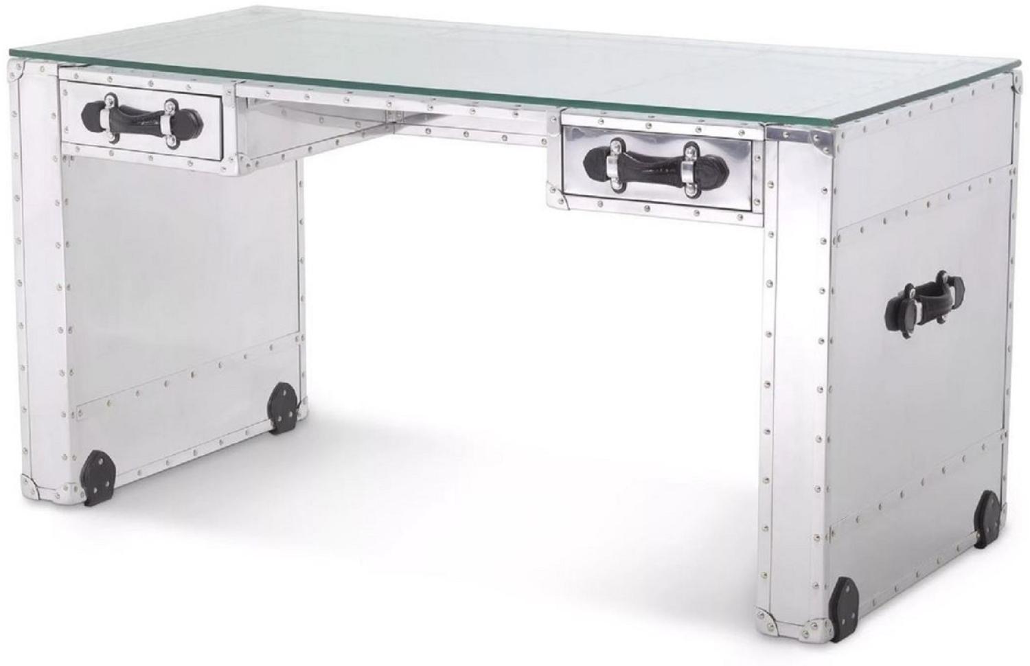 Casa Padrino Luxus Schreibtisch im Koffer Design Silber / Schwarz 150 x 72 x H. 76 cm - Aluminium Bürotisch mit Glasplatte - Aluminium Möbel - Büro Möbel - Luxus Möbel - Luxus Einrichtung Bild 1