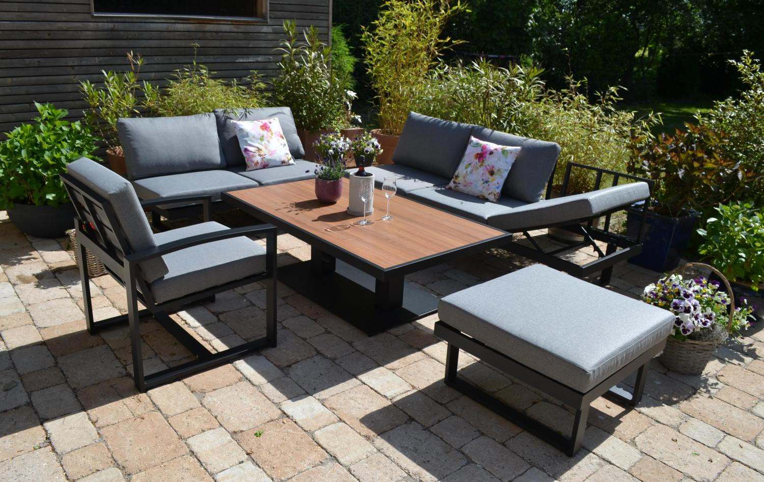 HPL Teak Gartenecklounge Beltona + 150x90 cm Lift Tisch höhenverstellbar + 1 Lounge Sessel + 1 Hocker Bild 1