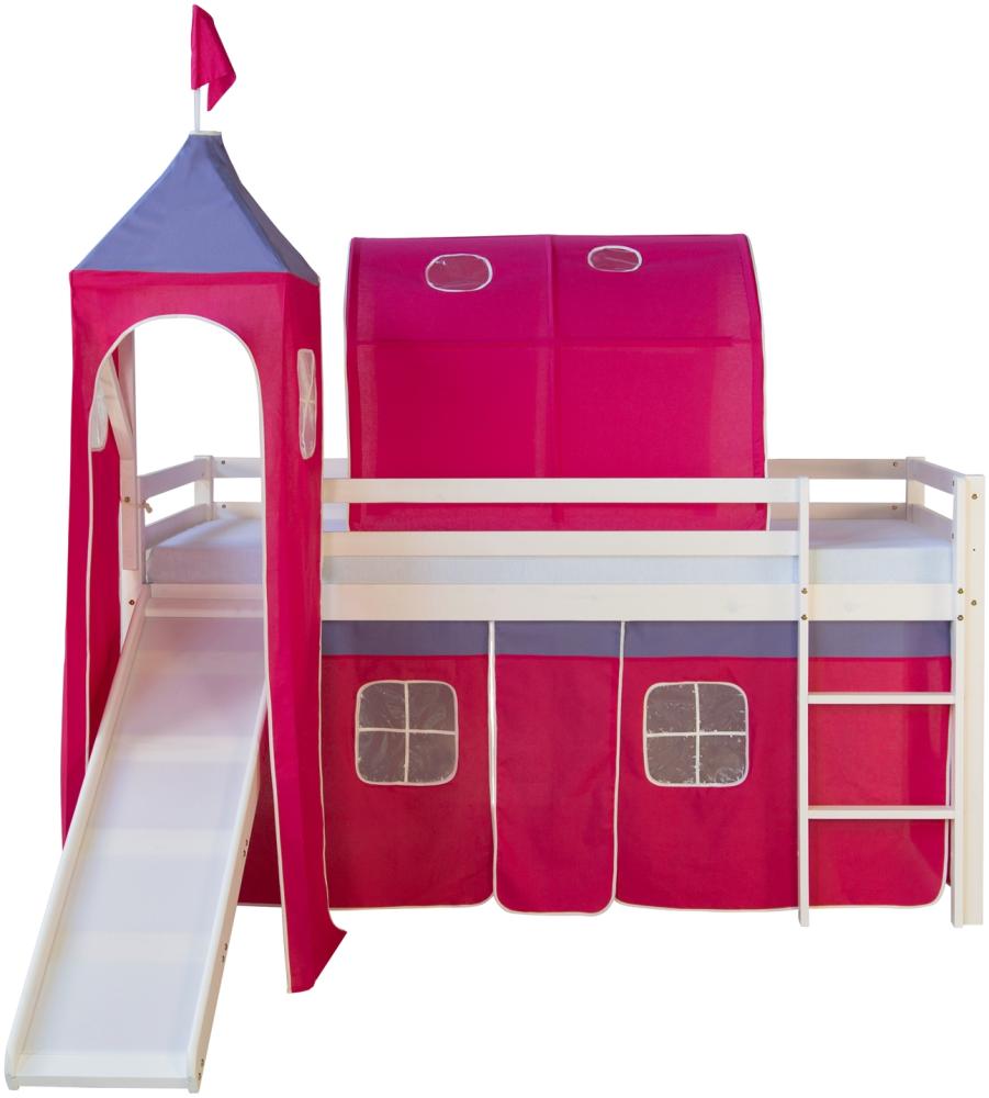 Hochbett Spielbett Kinderbett Rutsche Turm Vorhang rot 90x200 Bild 1