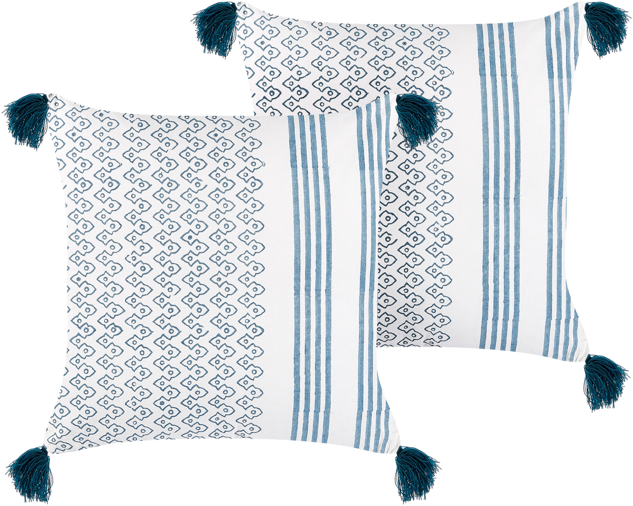 Dekokissen geometrisches Muster Baumwolle weiß blau mit Quasten 45 x 45 cm 2er Set TILIA Bild 1