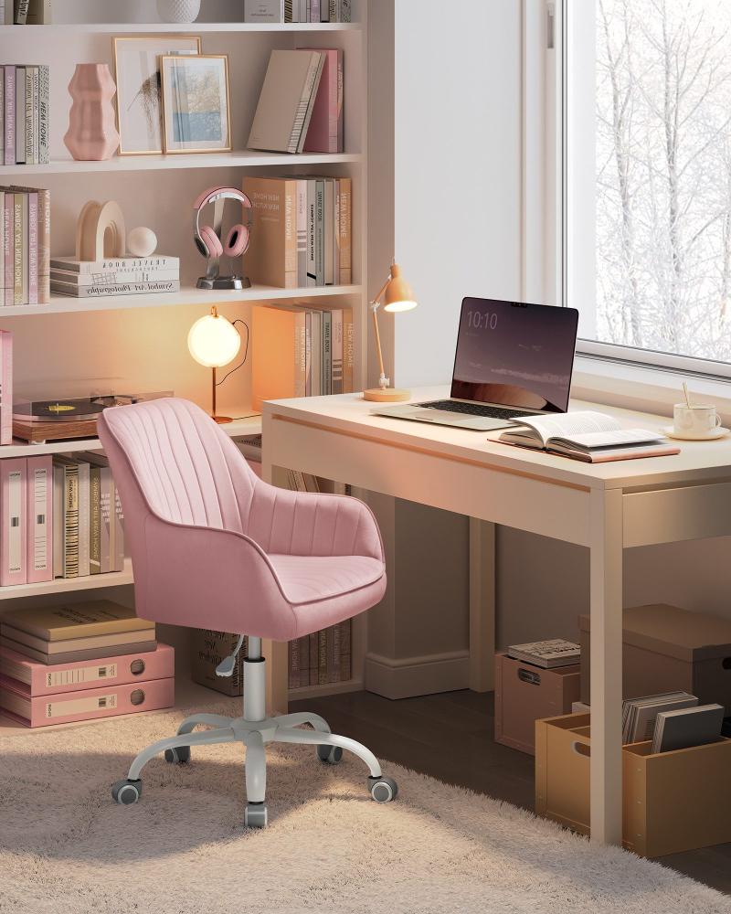 Bürostuhl, Drehstuhl mit Samtbezug, Schaumstoffpolsterung, höhenverstellbar, für Arbeitszimmer, Bar, pastellrosa Bild 1