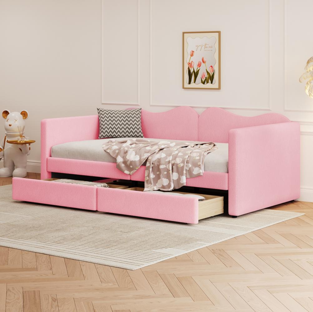 Merax Polsterbett Teddy-Samt Kinderbett Schlafsofa Daybett mit 2 Schubladen 90x200cm, Rosa Bild 1