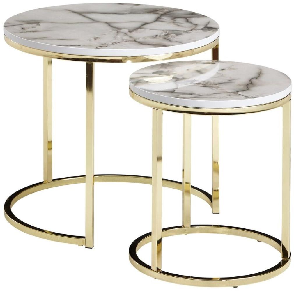 WERAN Beistelltisch 2er Set Weiß Marmor Optik Couchtisch Tischgestell Metall Gold Wohnzimmertisch Bild 1