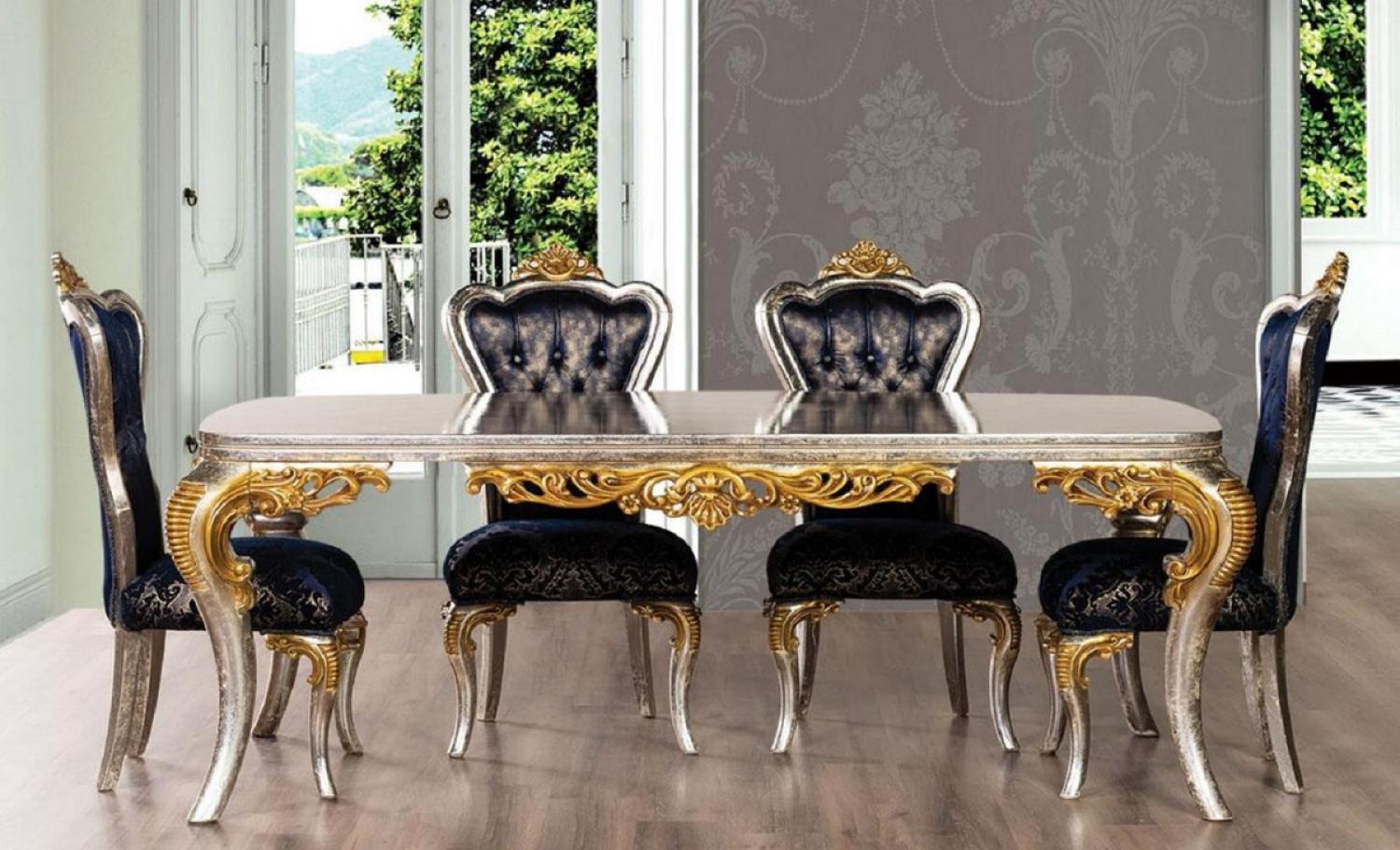 Casa Padrino Luxus Barock Esszimmer Set Royalblau / Silber / Gold - 1 Barock Esstisch & 6 Barock Esszimmerstühle - Esszimmer Möbel im Barockstil - Edel & Prunkvoll Bild 1