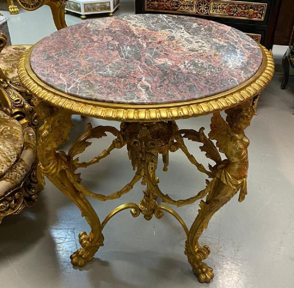 Casa Padrino Luxus Barock Beistelltisch Gold / Grau / Rot - Prunkvoller runder Bronze Tisch mit Marmorplatte - Luxus Möbel im Barockstil - Barockstil Wohnzimmer Möbel - Barock Möbel Bild 1