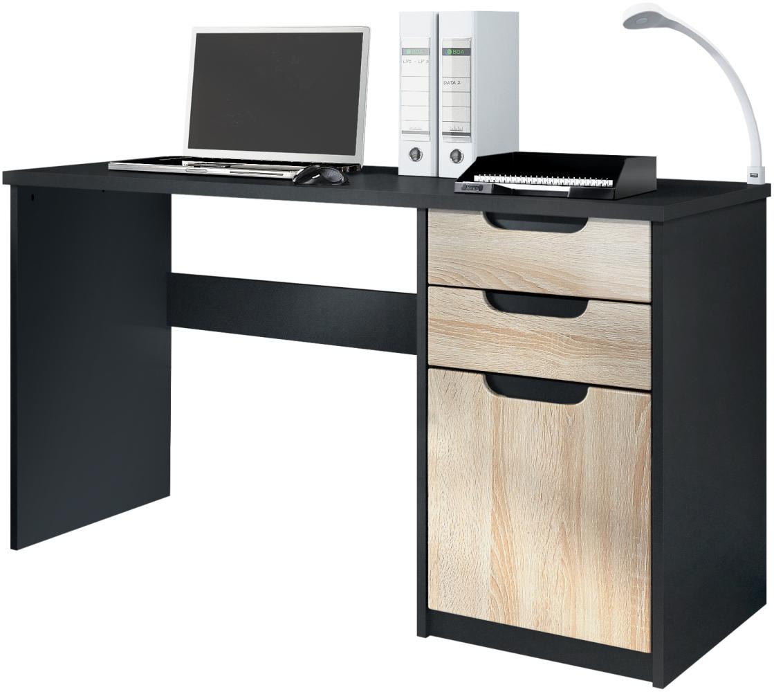 Vladon Schreibtisch Logan, Bürotisch mit 2 Schubladen und 1 Tür, Schwarz matt/Eiche Sägegrau (129 x 76 x 60 cm) Bild 1