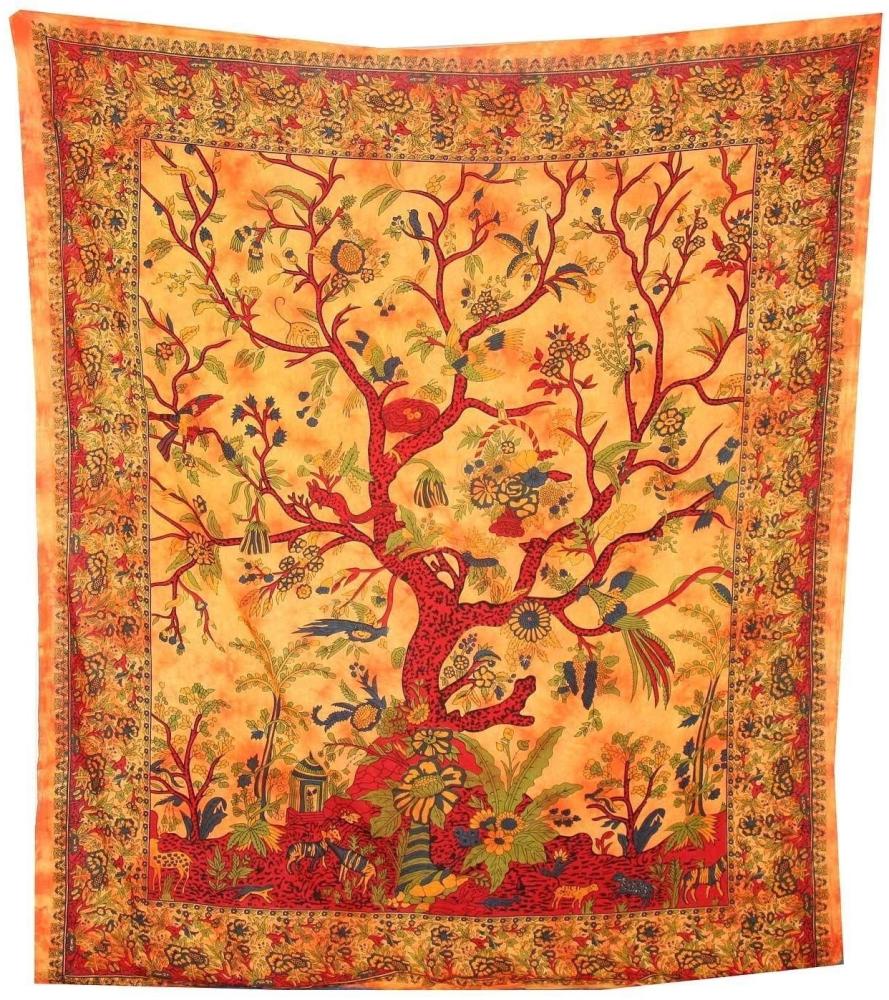Tagesdecke Lebensbaum orange 230x205cm bunte Vögel Blumen indische Decke Baumwolle Tie Dye Style Bild 1